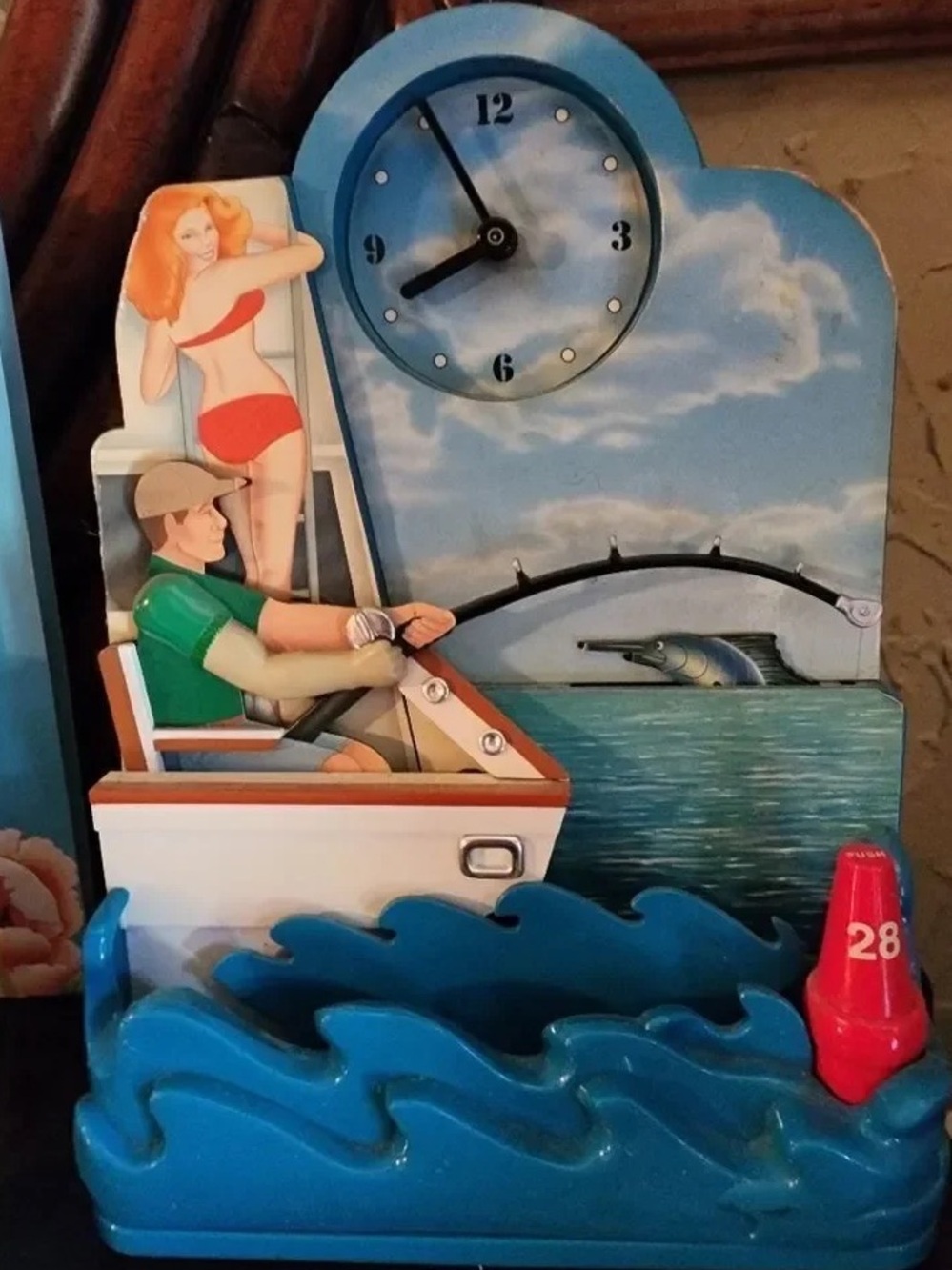 Blue Nautical Fishing Clock & Key Holder Decorative Accent